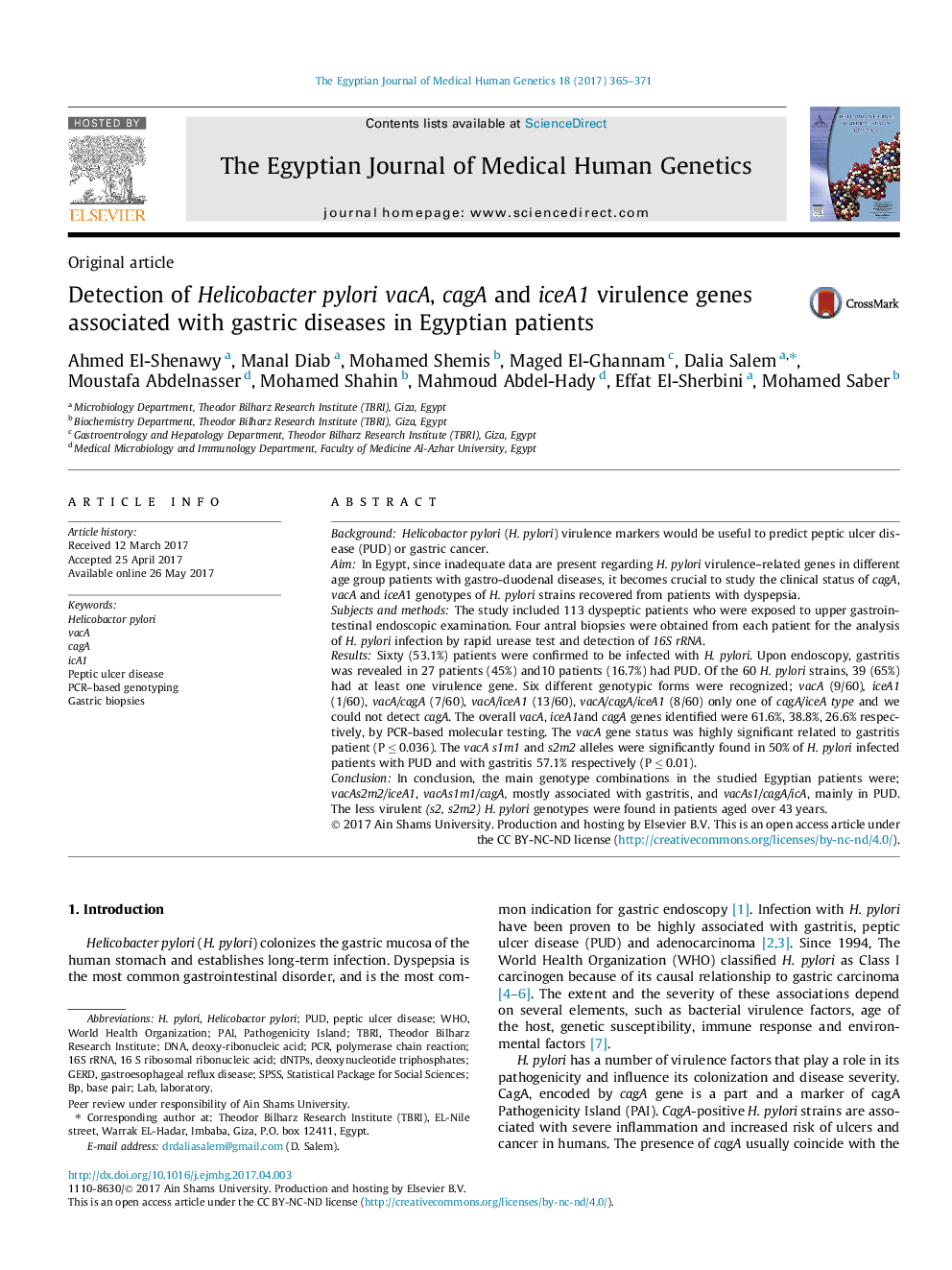 Detection of Helicobacter pylori vacA, cagA and iceA1 virulence genes associated with gastric diseases in Egyptian patients