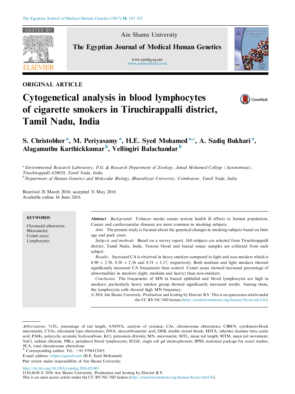 Cytogenetical analysis in blood lymphocytes of cigarette smokers in Tiruchirappalli district, Tamil Nadu, India