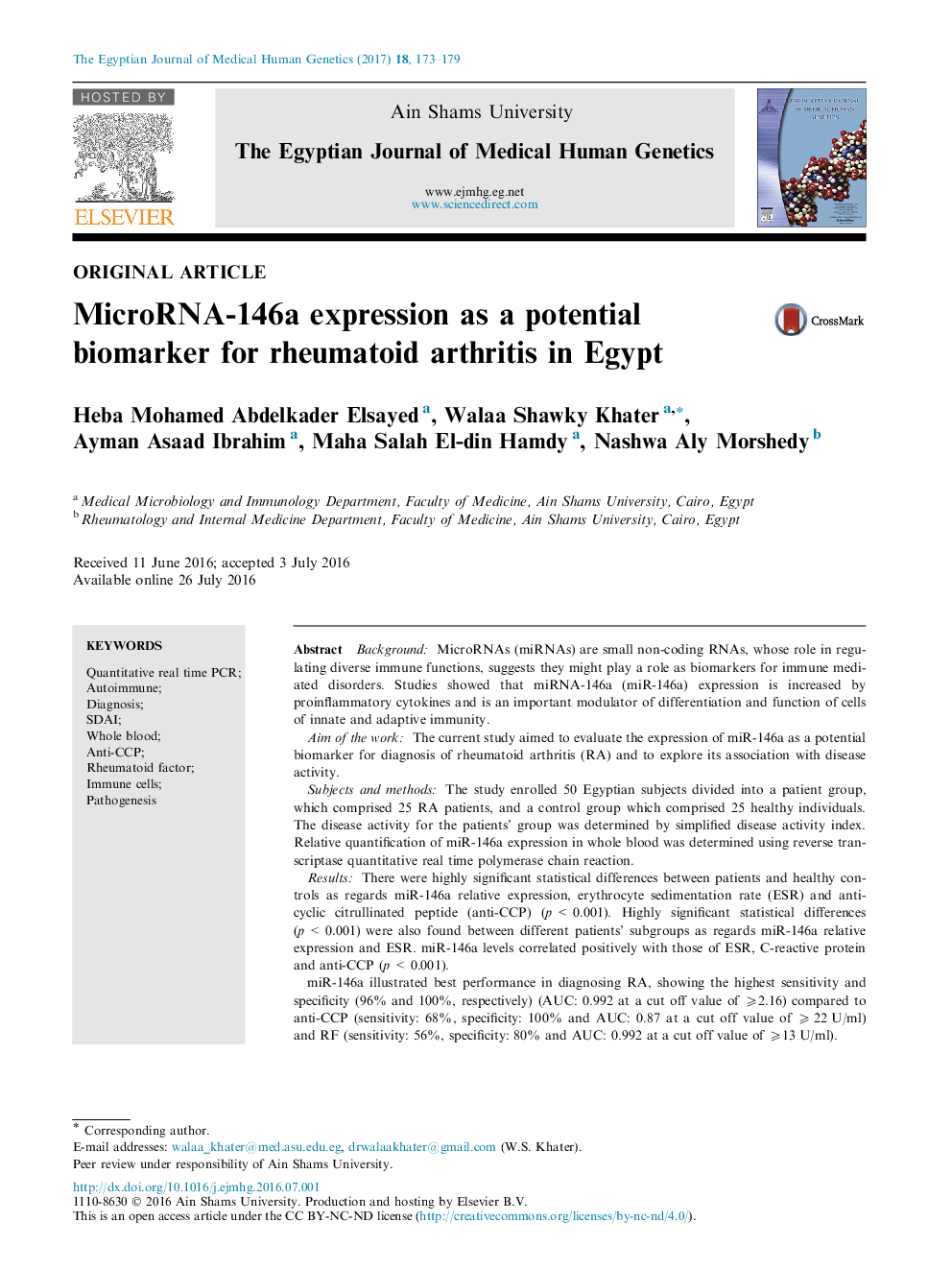 MicroRNA-146a expression as a potential biomarker for rheumatoid arthritis in Egypt