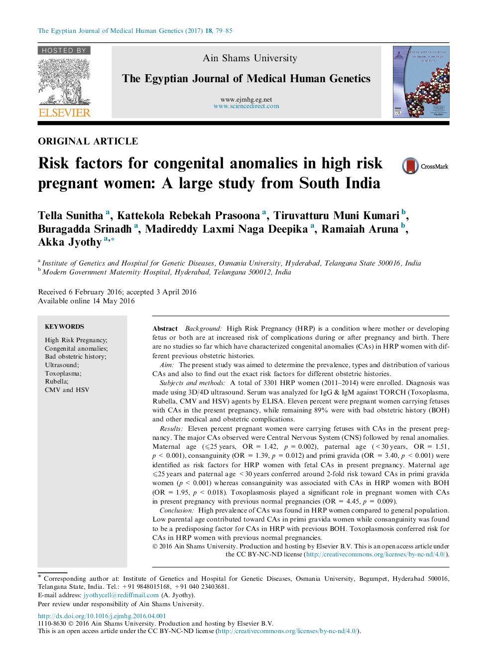 Risk factors for congenital anomalies in high risk pregnant women: A large study from South India