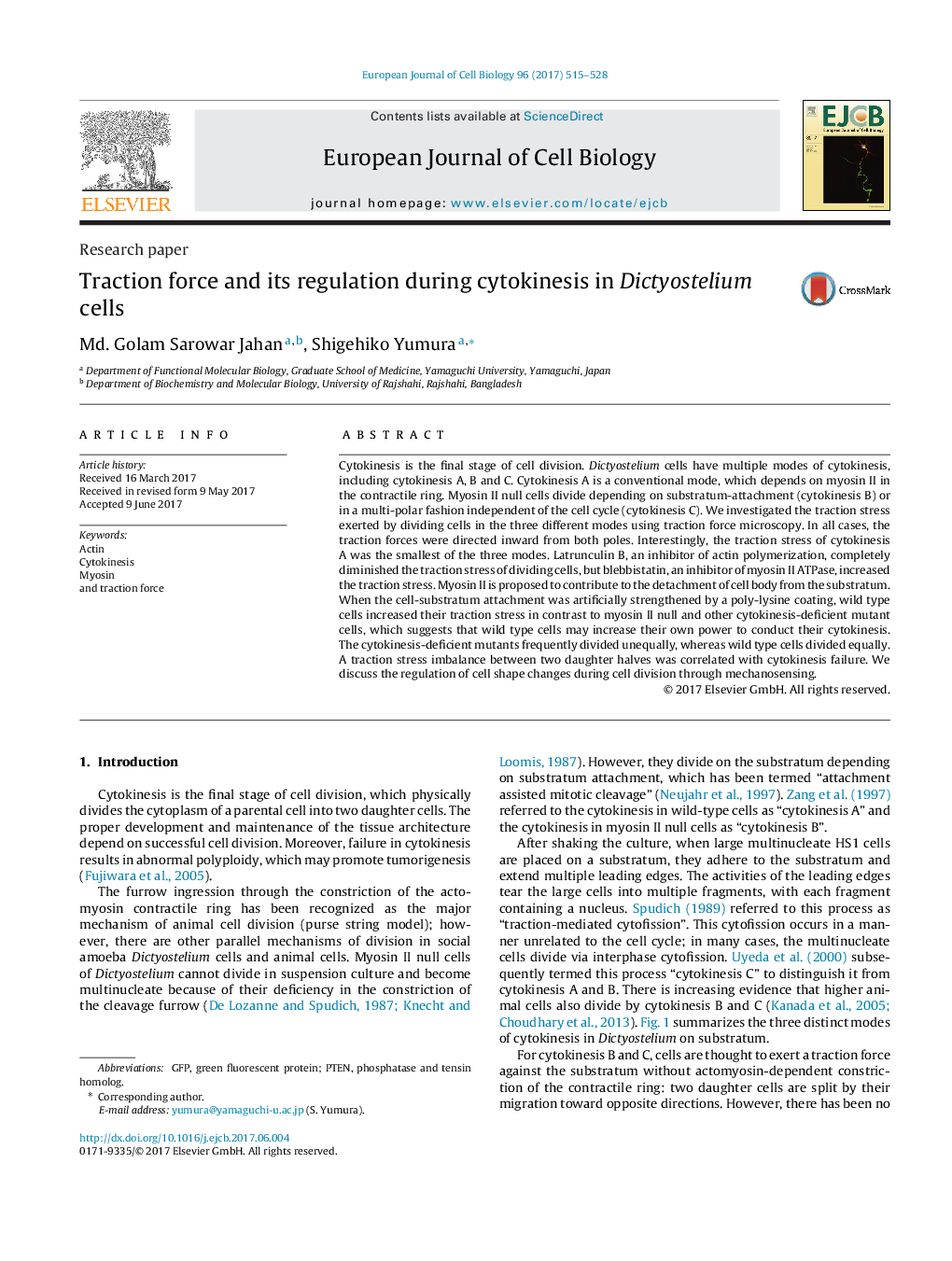 Research paperTraction force and its regulation during cytokinesis in Dictyostelium cells