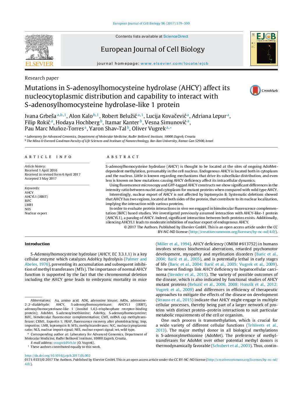 Mutations in S-adenosylhomocysteine hydrolase (AHCY) affect its nucleocytoplasmic distribution and capability to interact with S-adenosylhomocysteine hydrolase-like 1 protein