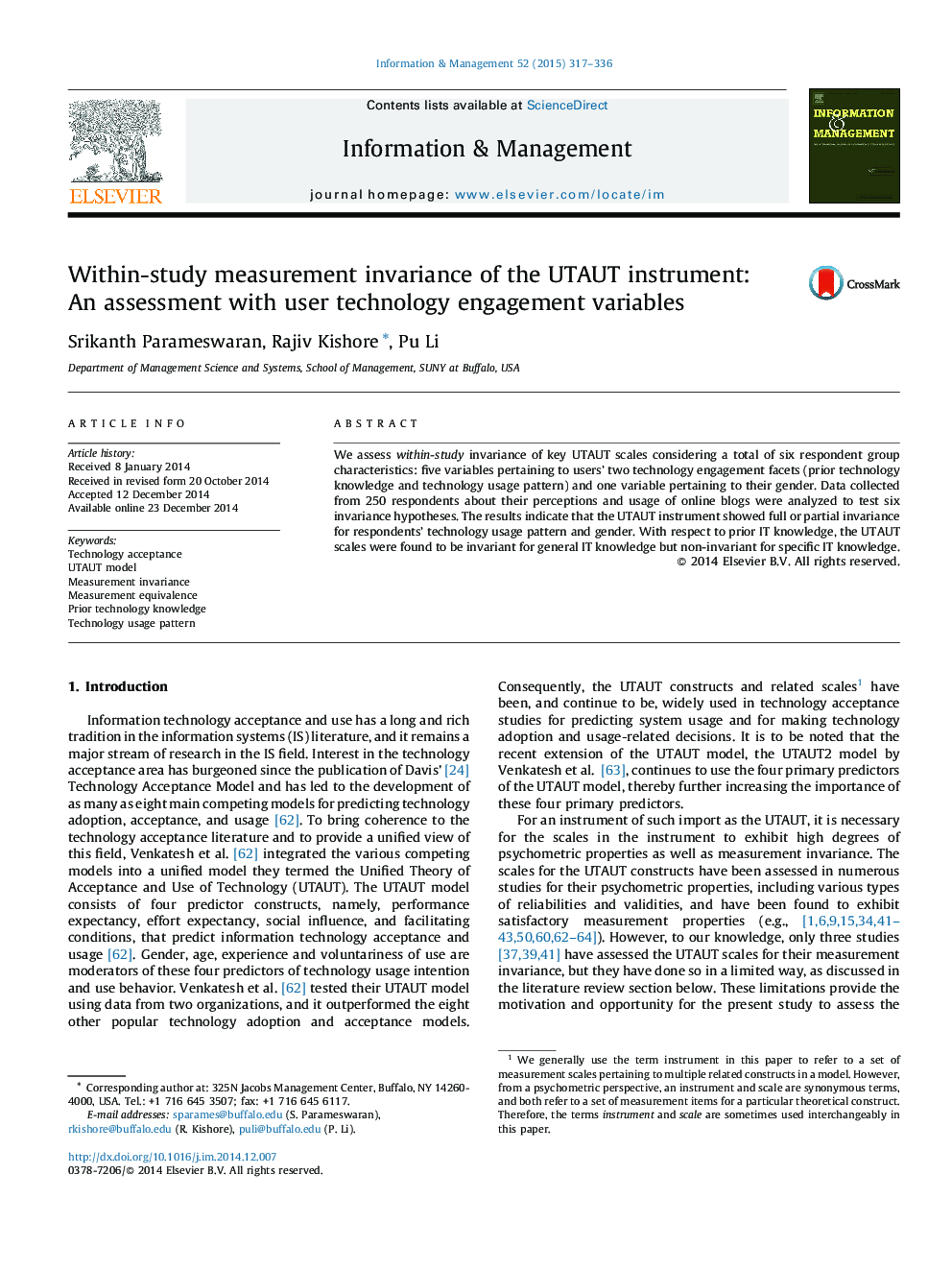 Within-study measurement invariance of the UTAUT instrument: An assessment with user technology engagement variables