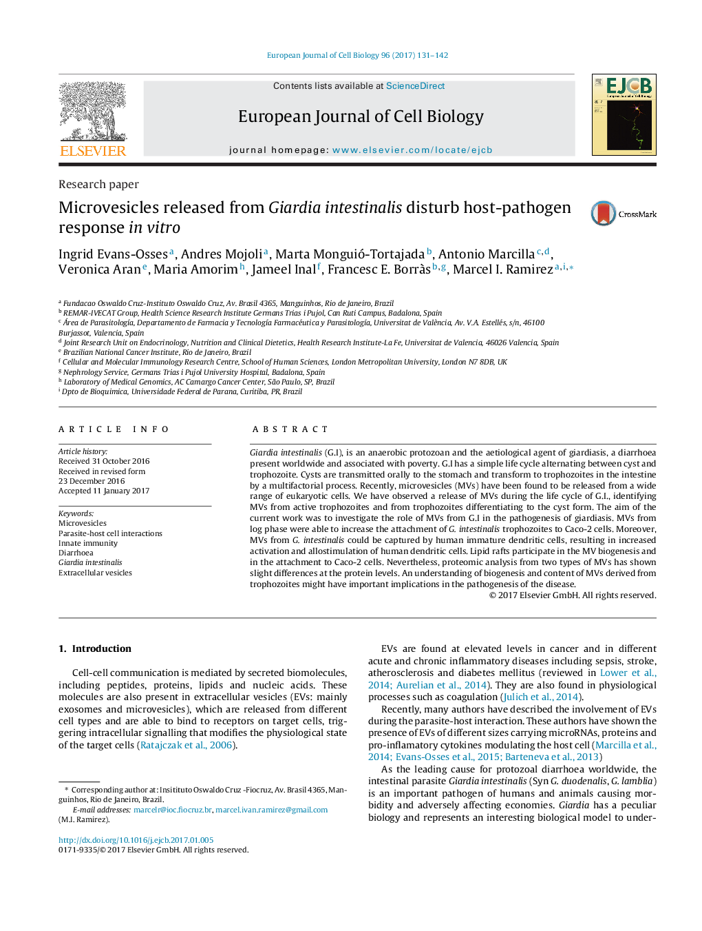 Research paperMicrovesicles released from Giardia intestinalis disturb host-pathogen response in vitro