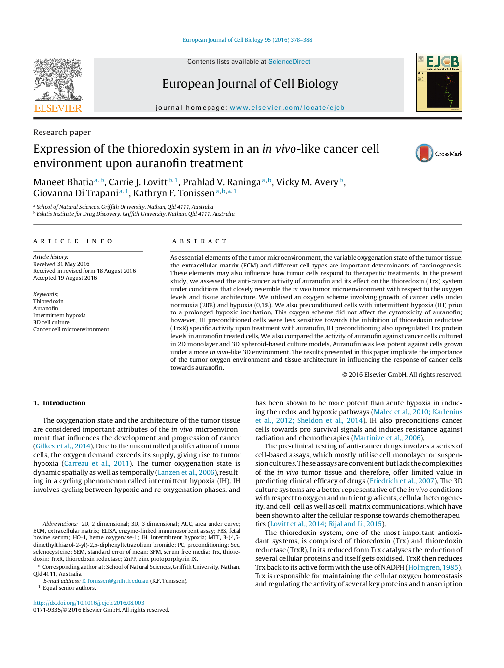 Research paperExpression of the thioredoxin system in an in vivo-like cancer cell environment upon auranofin treatment