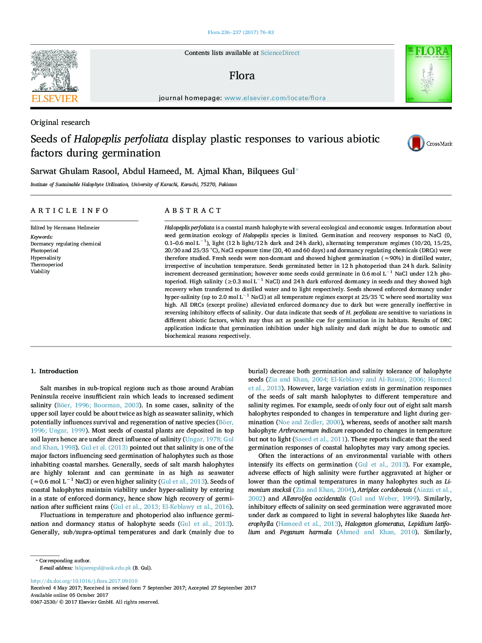 Seeds of Halopeplis perfoliata display plastic responses to various abiotic factors during germination