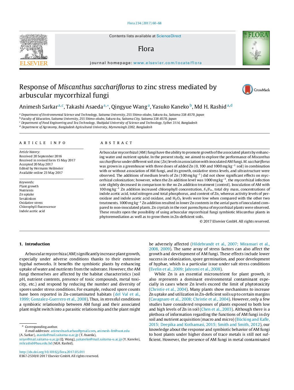 Response of Miscanthus sacchariflorus to zinc stress mediated by arbuscular mycorrhizal fungi