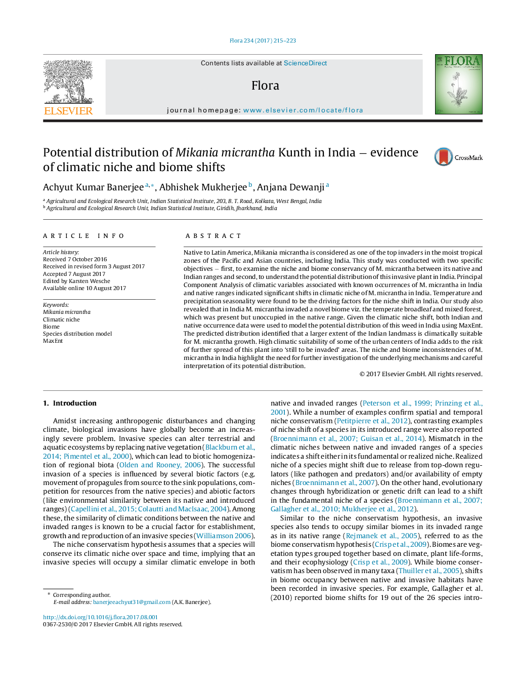 Potential distribution of Mikania micrantha Kunth in India â evidence of climatic niche and biome shifts