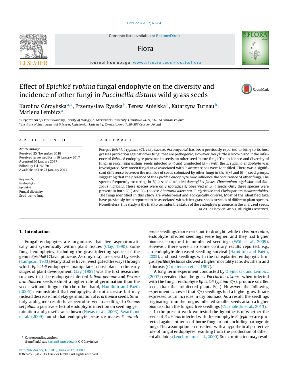 Effect of Epichloë typhina fungal endophyte on the diversity and incidence of other fungi in Puccinellia distans wild grass seeds