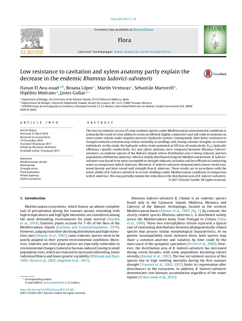 Low resistance to cavitation and xylem anatomy partly explain the decrease in the endemic Rhamnus ludovici-salvatoris