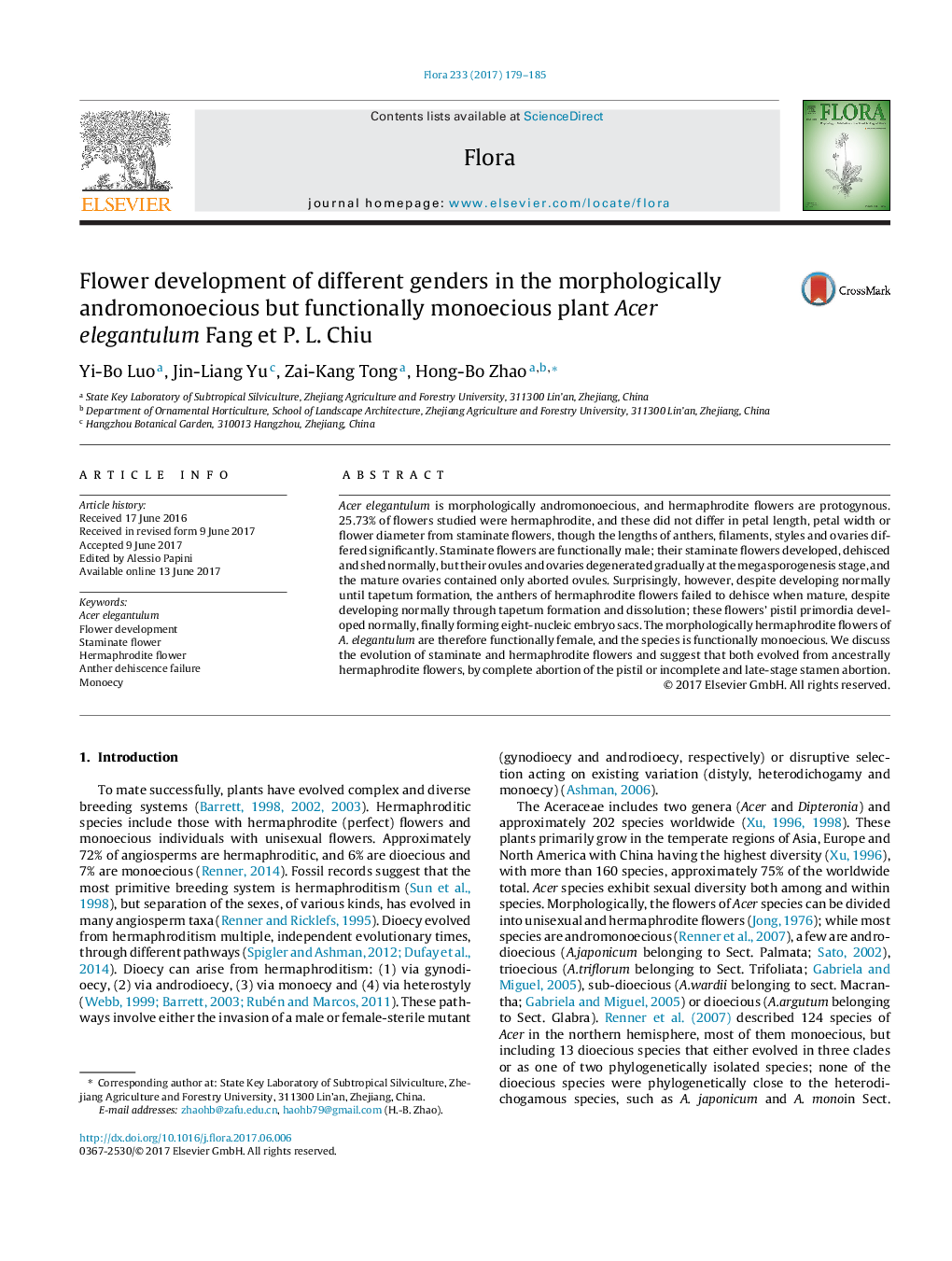 Flower development of different genders in the morphologically andromonoecious but functionally monoecious plant Acer elegantulum Fang et P. L. Chiu