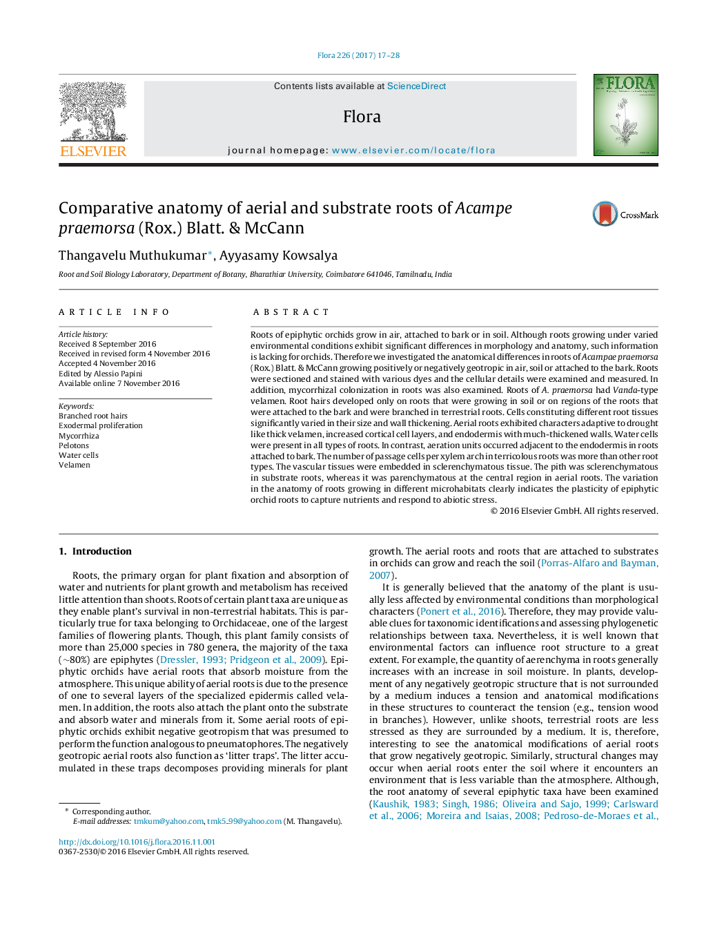 Comparative anatomy of aerial and substrate roots of Acampe praemorsa (Rox.) Blatt. & McCann