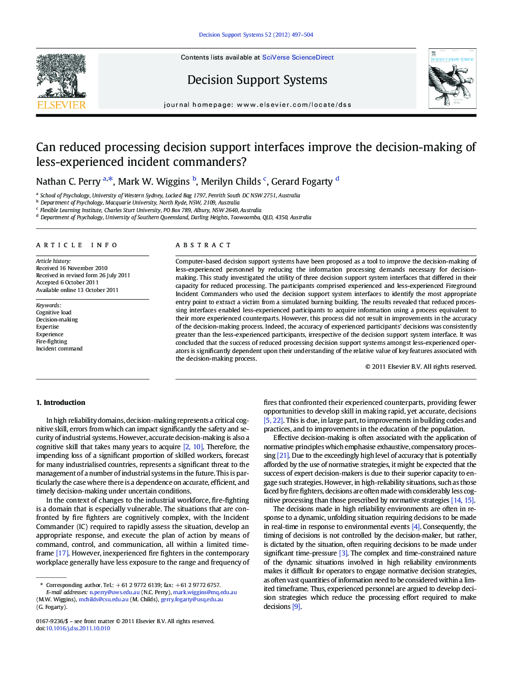 Can reduced processing decision support interfaces improve the decision-making of less-experienced incident commanders?