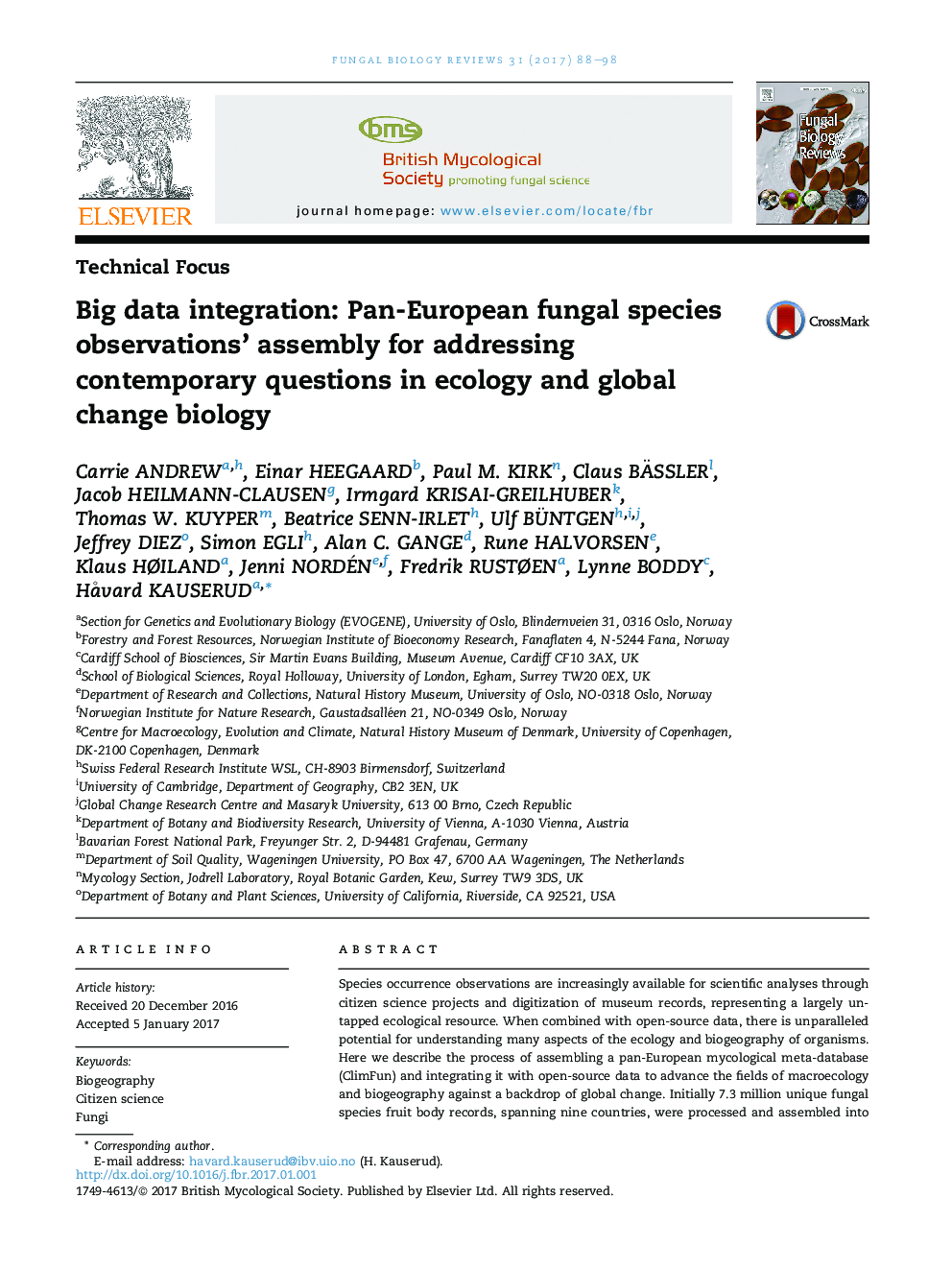 Technical FocusBig data integration: Pan-European fungal species observations' assembly for addressing contemporary questions in ecology and global change biology