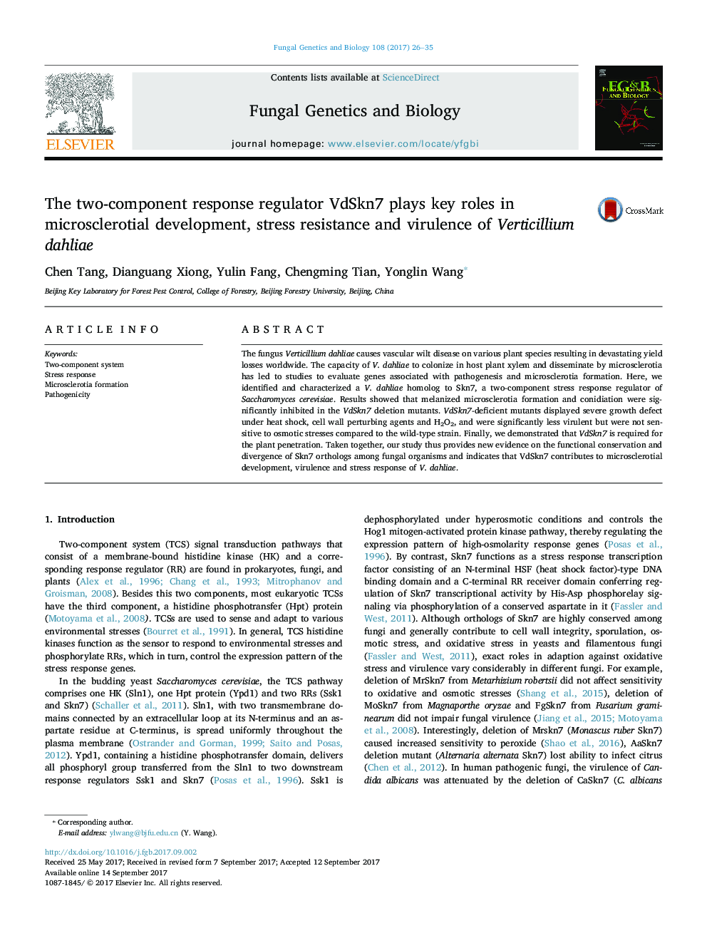 The two-component response regulator VdSkn7 plays key roles in microsclerotial development, stress resistance and virulence of Verticillium dahliae