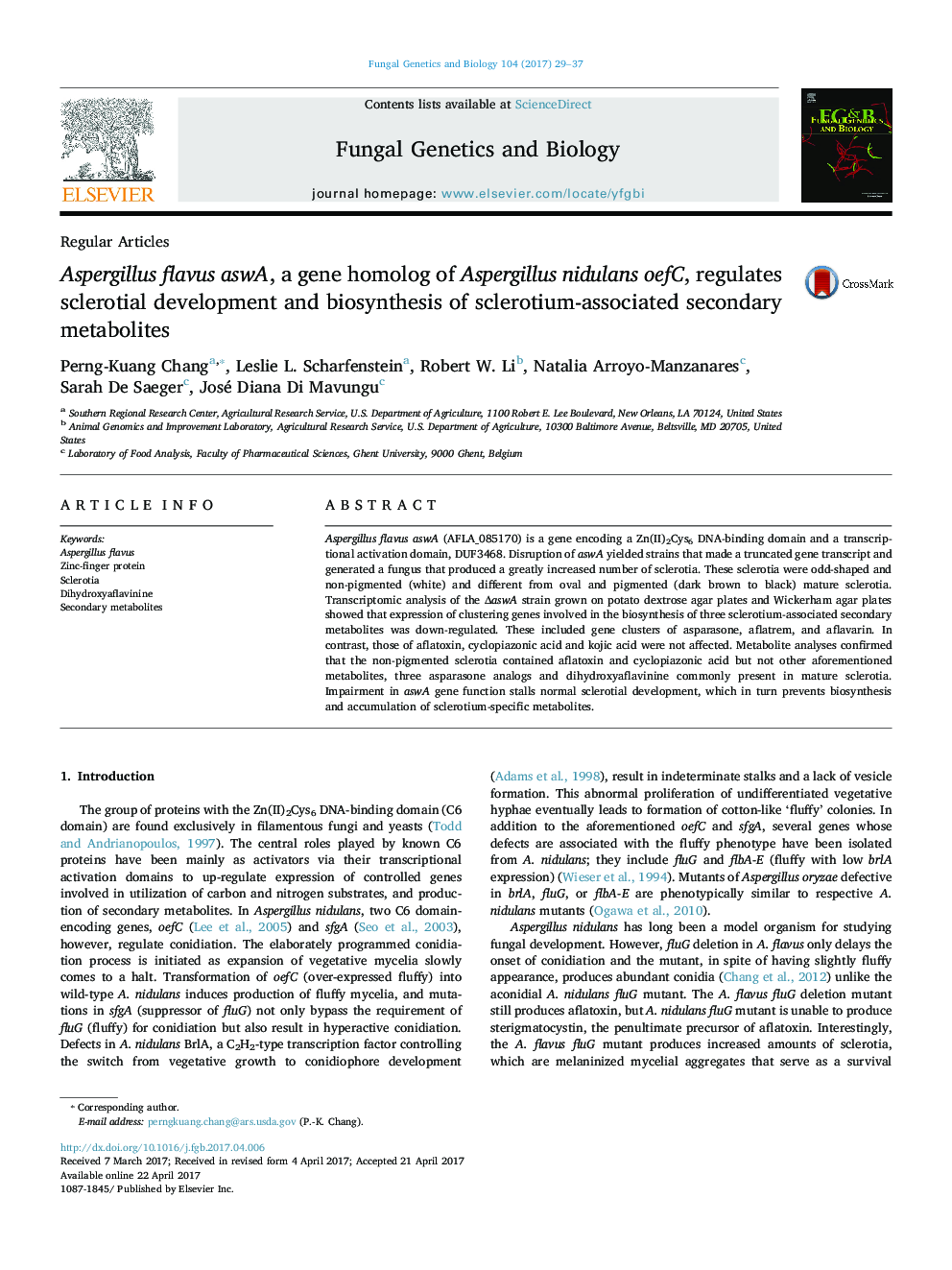 Regular ArticlesAspergillus flavus aswA, a gene homolog of Aspergillus nidulans oefC, regulates sclerotial development and biosynthesis of sclerotium-associated secondary metabolites