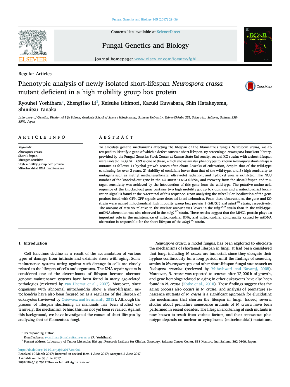 Regular ArticlesPhenotypic analysis of newly isolated short-lifespan Neurospora crassa mutant deficient in a high mobility group box protein