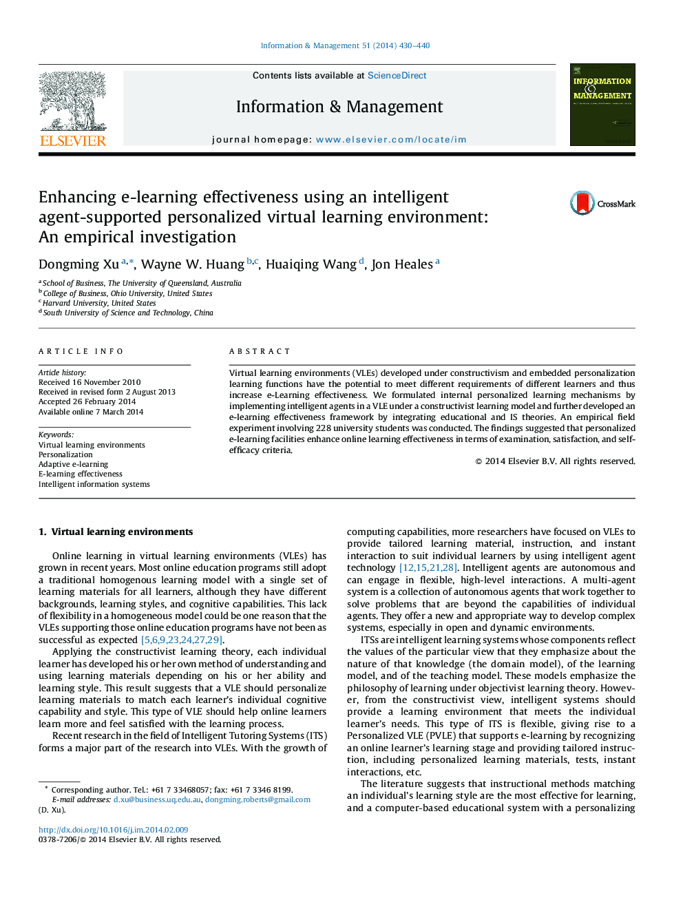 افزایش اثربخشی آموزش الکترونیکی با استفاده از یک محیط یادگیری مجازی شخصی مبتنی بر عامل هوشمند: تحقیق تجربی 