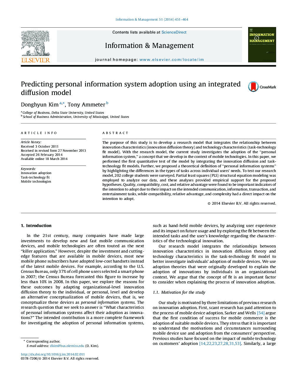 Predicting personal information system adoption using an integrated diffusion model