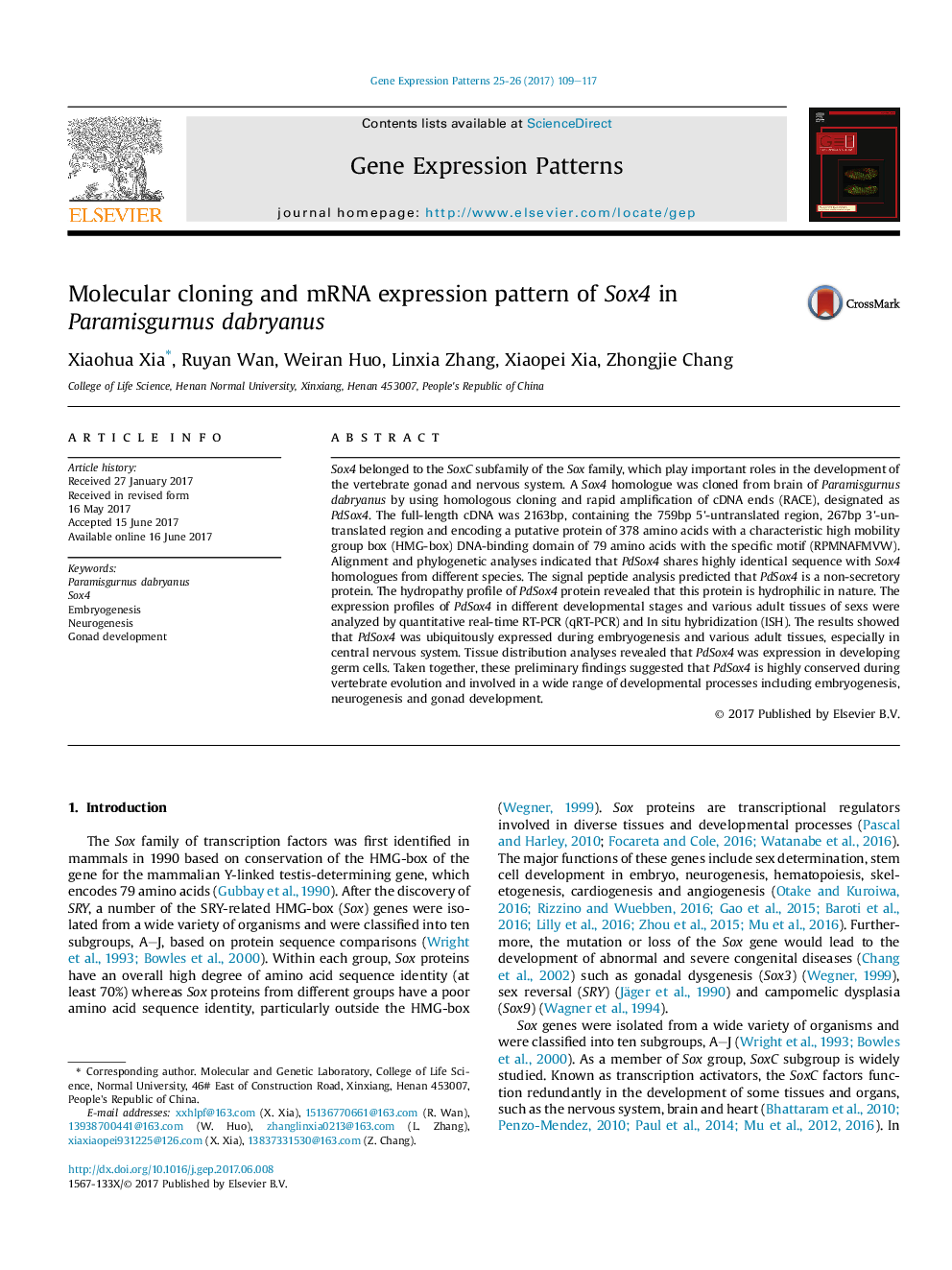 Molecular cloning and mRNA expression pattern of Sox4 in Paramisgurnus dabryanus