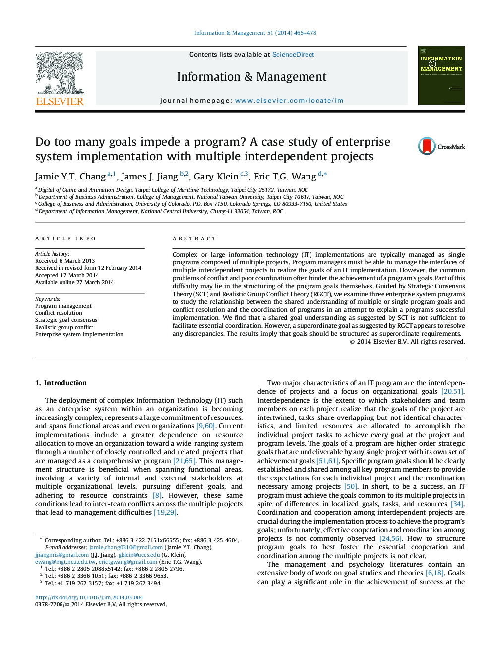 Do too many goals impede a program? A case study of enterprise system implementation with multiple interdependent projects