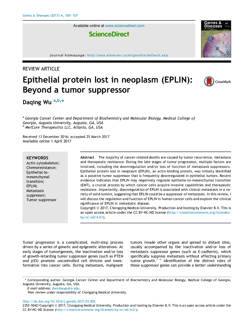 Epithelial protein lost in neoplasm (EPLIN): Beyond a tumor suppressor