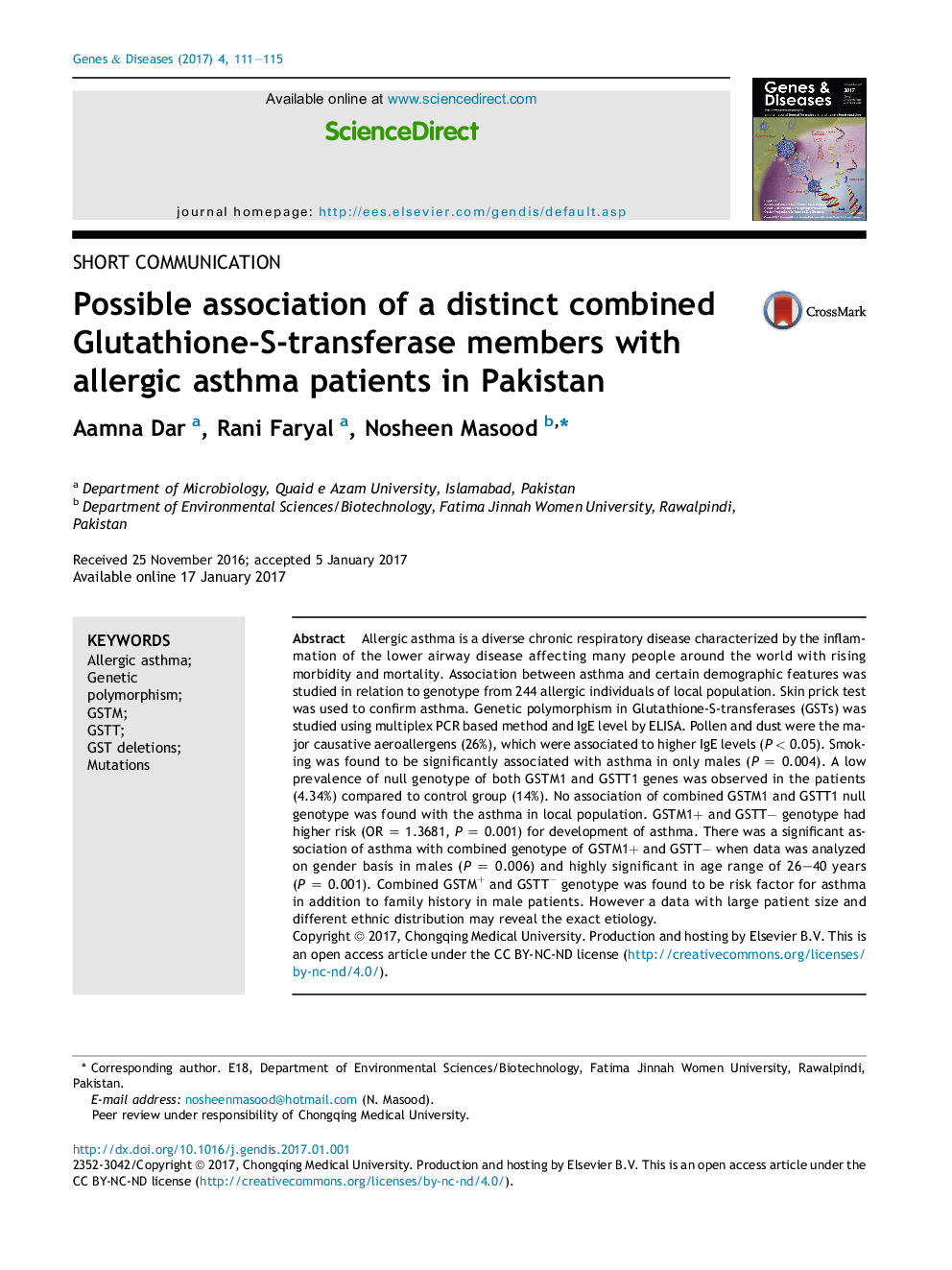 Possible association of a distinct combined Glutathione-S-transferase members with allergic asthma patients in Pakistan