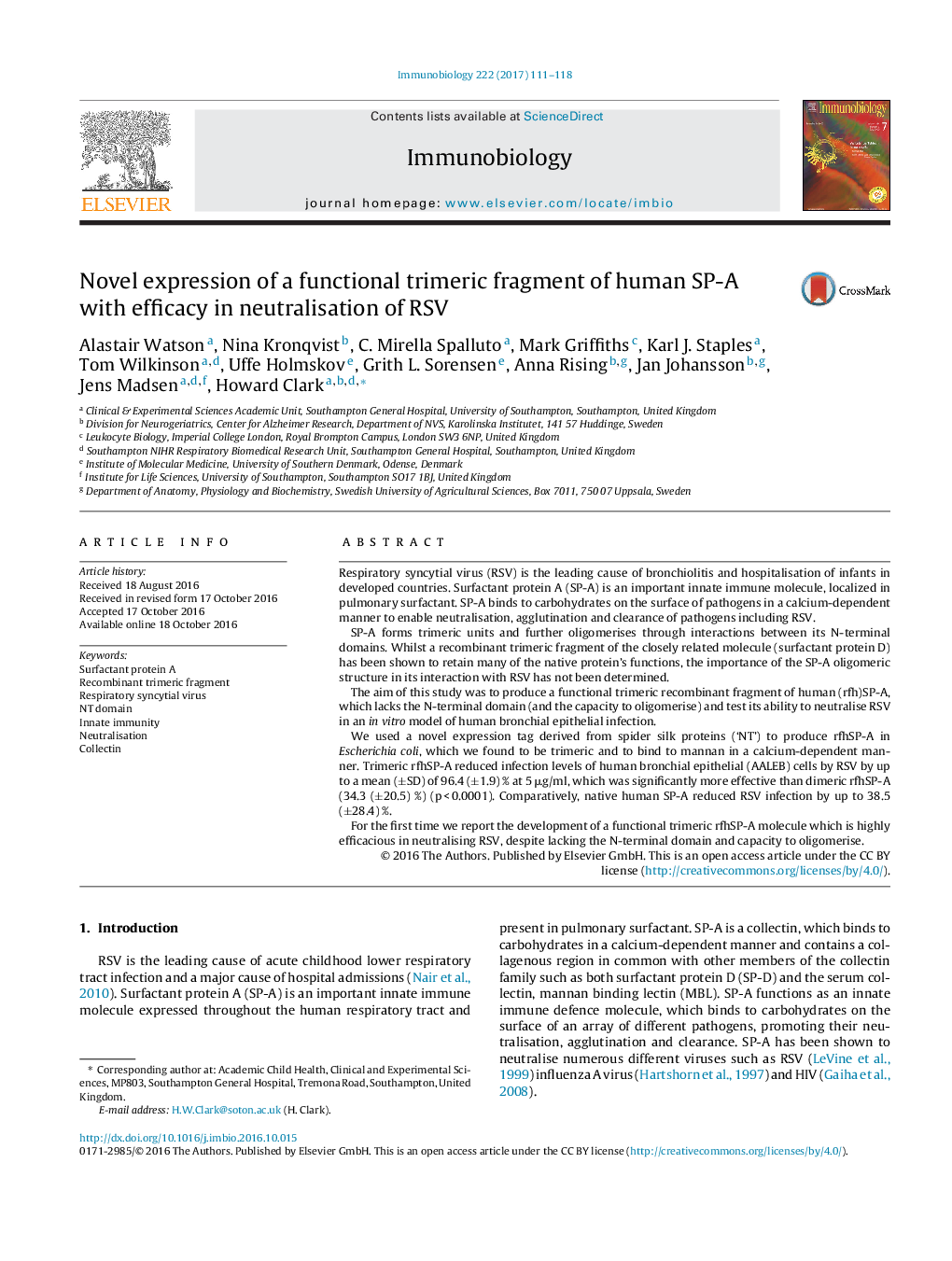 Novel expression of a functional trimeric fragment of human SP-A with efficacy in neutralisation of RSV