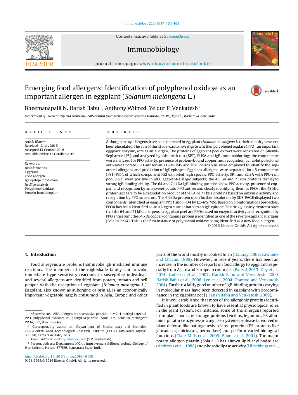 Emerging food allergens: Identification of polyphenol oxidase as an important allergen in eggplant (Solanum melongena L.)