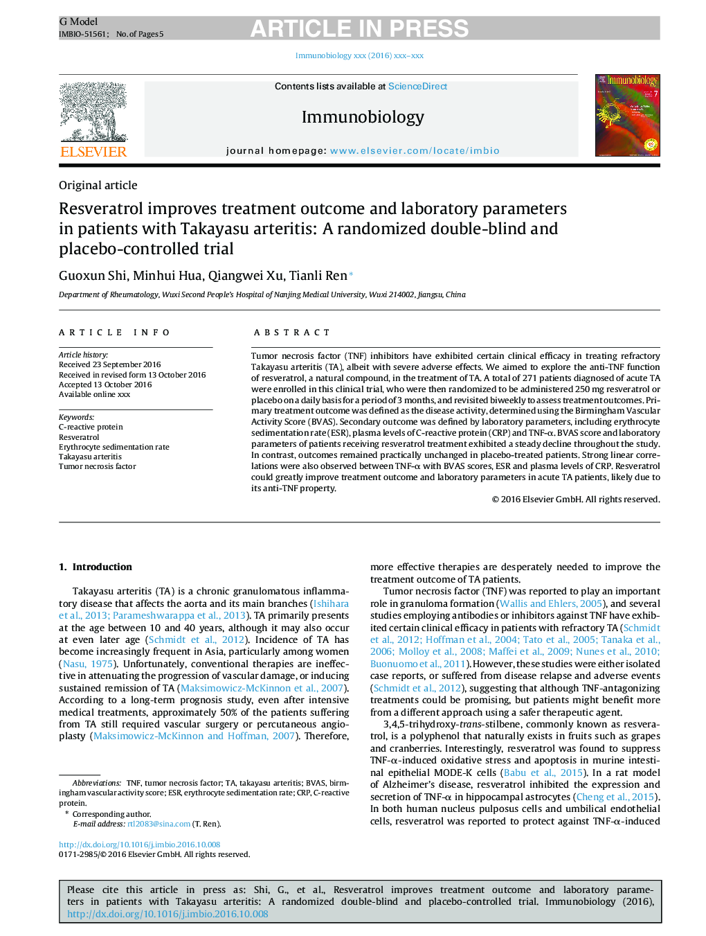 Resveratrol improves treatment outcome and laboratory parameters in patients with Takayasu arteritis: A randomized double-blind and placebo-controlled trial