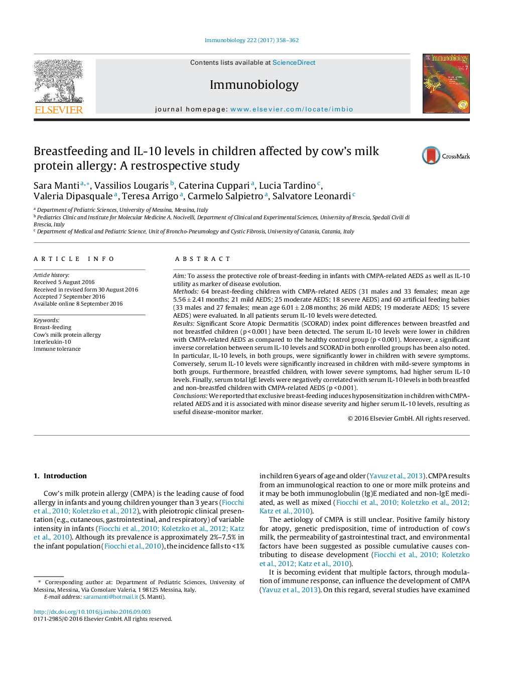 Breastfeeding and IL-10 levels in children affected by cow's milk protein allergy: A restrospective study