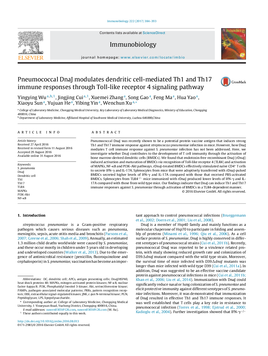 Pneumococcal DnaJ modulates dendritic cell-mediated Th1 and Th17 immune responses through Toll-like receptor 4 signaling pathway