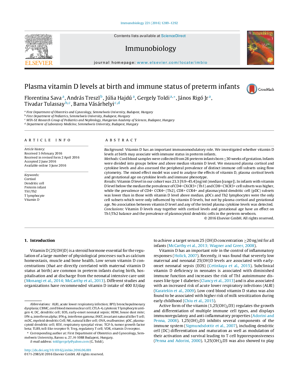 Plasma vitamin D levels at birth and immune status of preterm infants