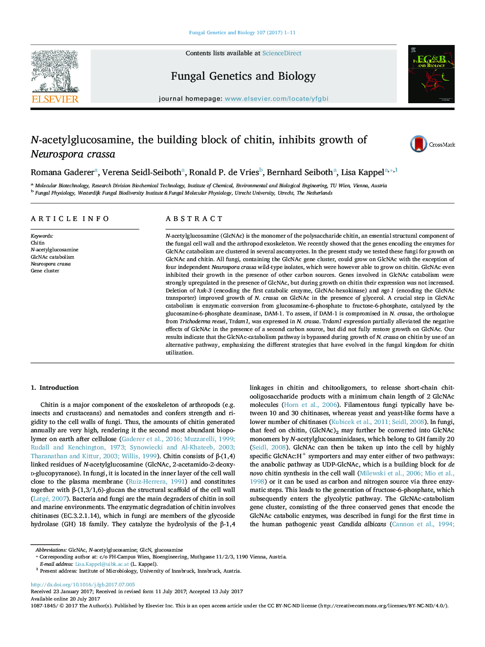 N-acetylglucosamine, the building block of chitin, inhibits growth of Neurospora crassa