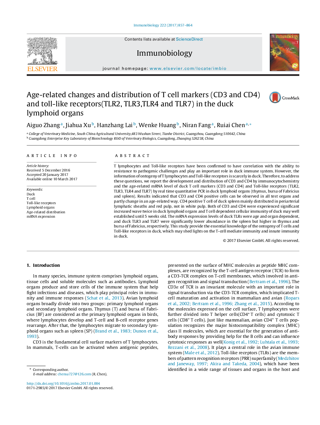 Age-related changes and distribution of T cell markers (CD3 and CD4) and toll-like receptors(TLR2, TLR3,TLR4 and TLR7) in the duck lymphoid organs