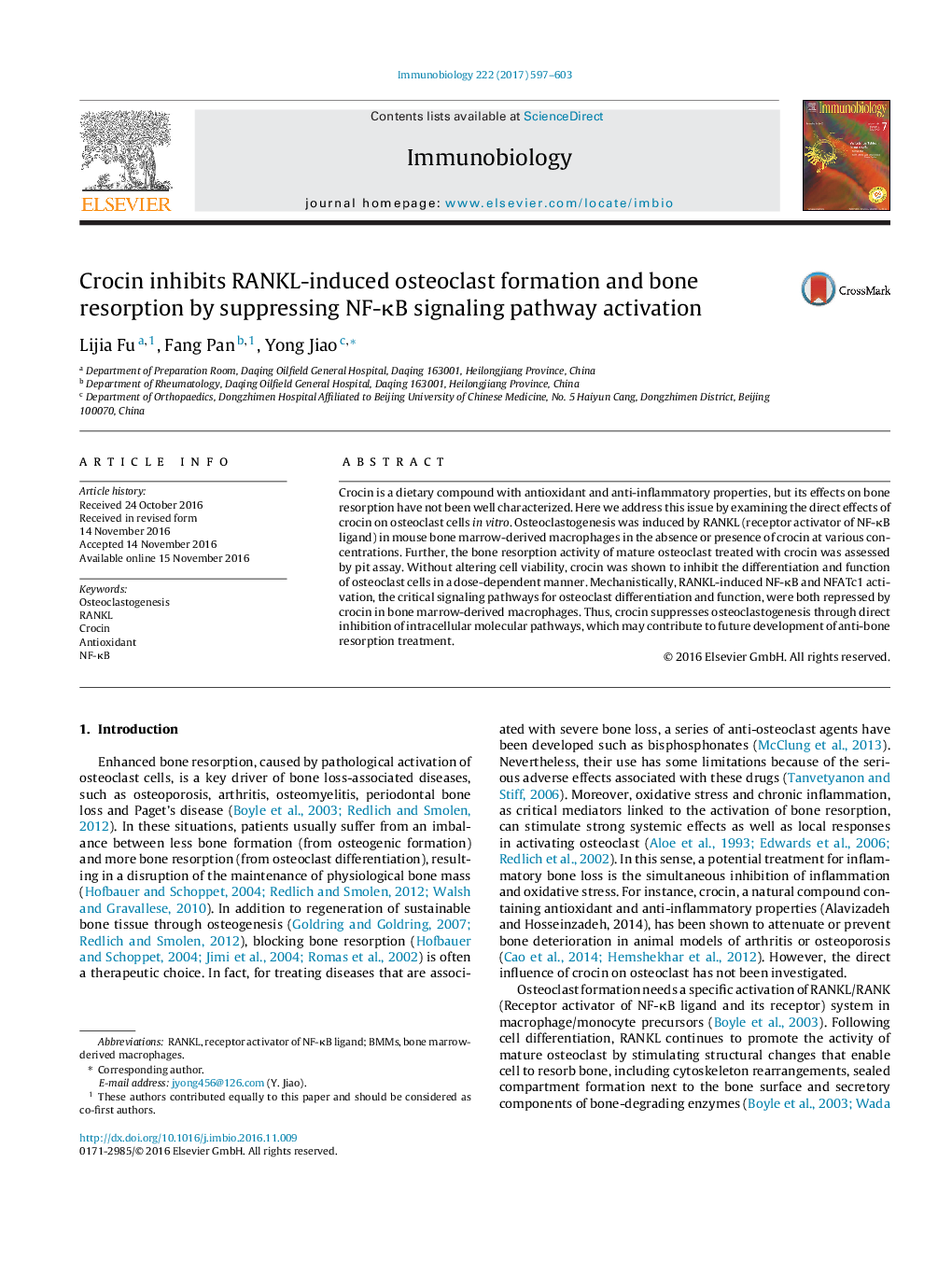 Crocin inhibits RANKL-induced osteoclast formation and bone resorption by suppressing NF-ÎºB signaling pathway activation