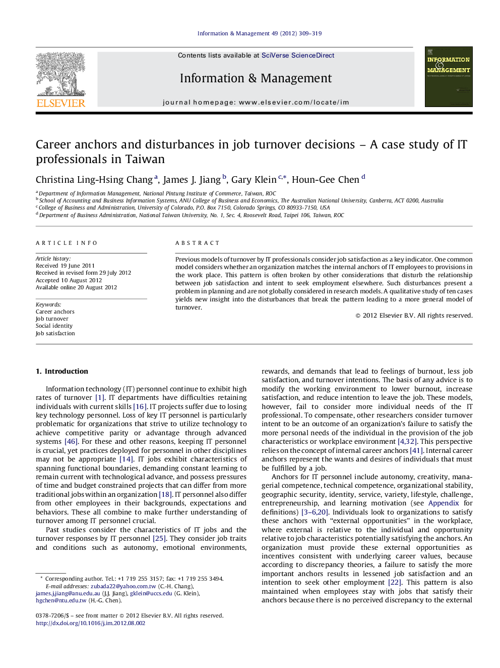 Career anchors and disturbances in job turnover decisions – A case study of IT professionals in Taiwan