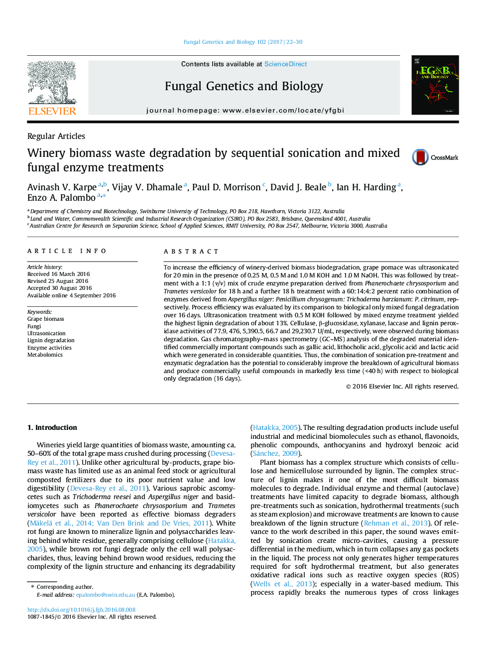 Regular ArticlesWinery biomass waste degradation by sequential sonication and mixed fungal enzyme treatments