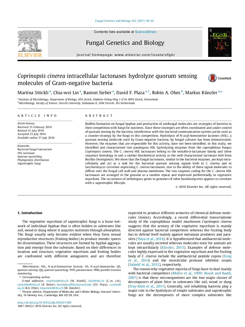 Coprinopsis cinerea intracellular lactonases hydrolyze quorum sensing molecules of Gram-negative bacteria