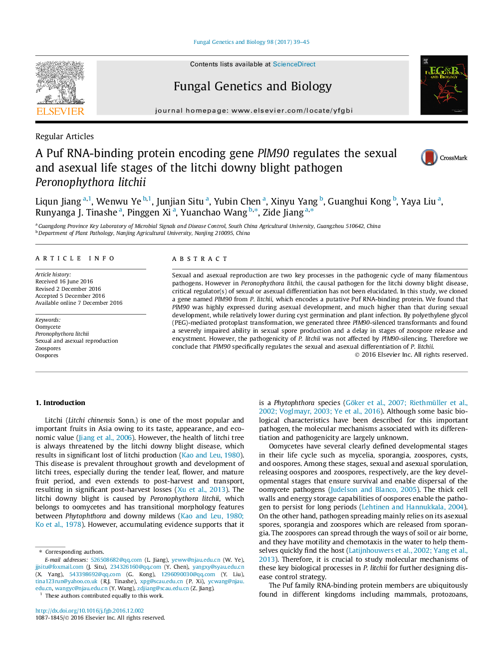 Regular ArticlesA Puf RNA-binding protein encoding gene PlM90 regulates the sexual and asexual life stages of the litchi downy blight pathogen Peronophythora litchii