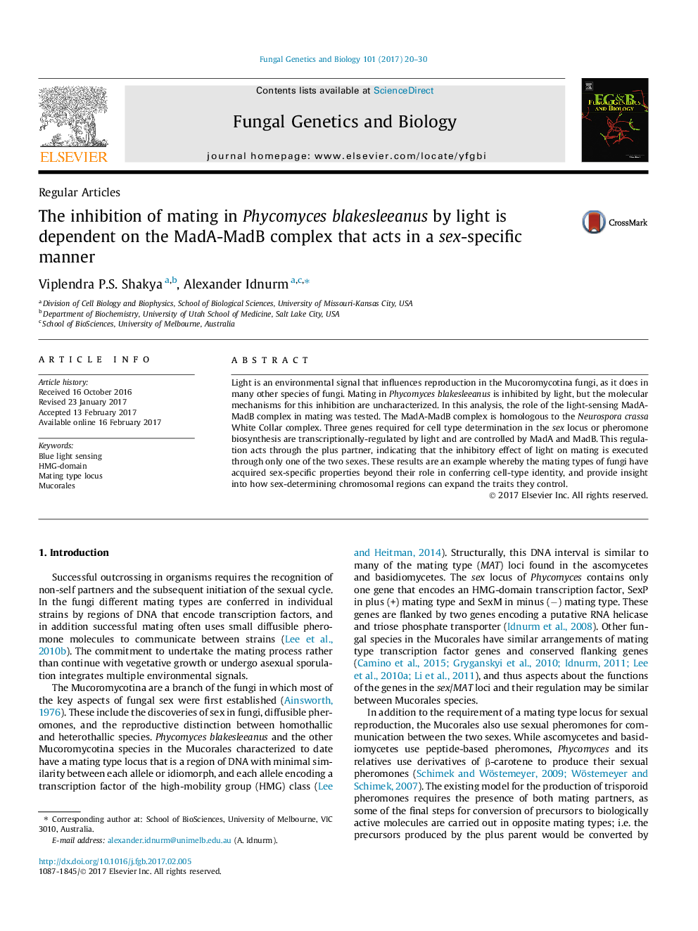 The inhibition of mating in Phycomyces blakesleeanus by light is dependent on the MadA-MadB complex that acts in a sex-specific manner
