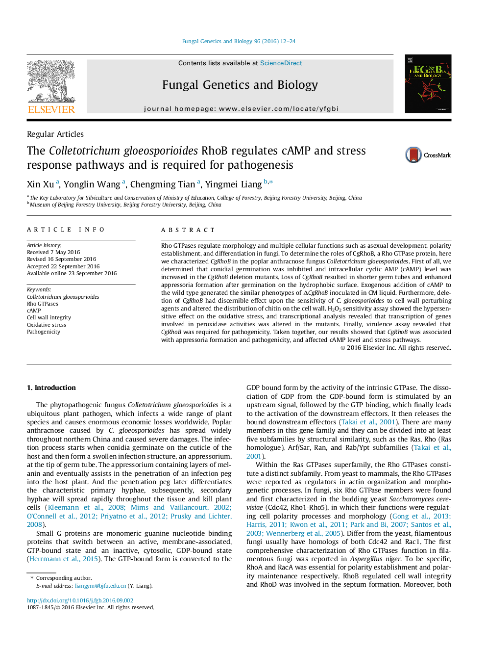 The Colletotrichum gloeosporioides RhoB regulates cAMP and stress response pathways and is required for pathogenesis