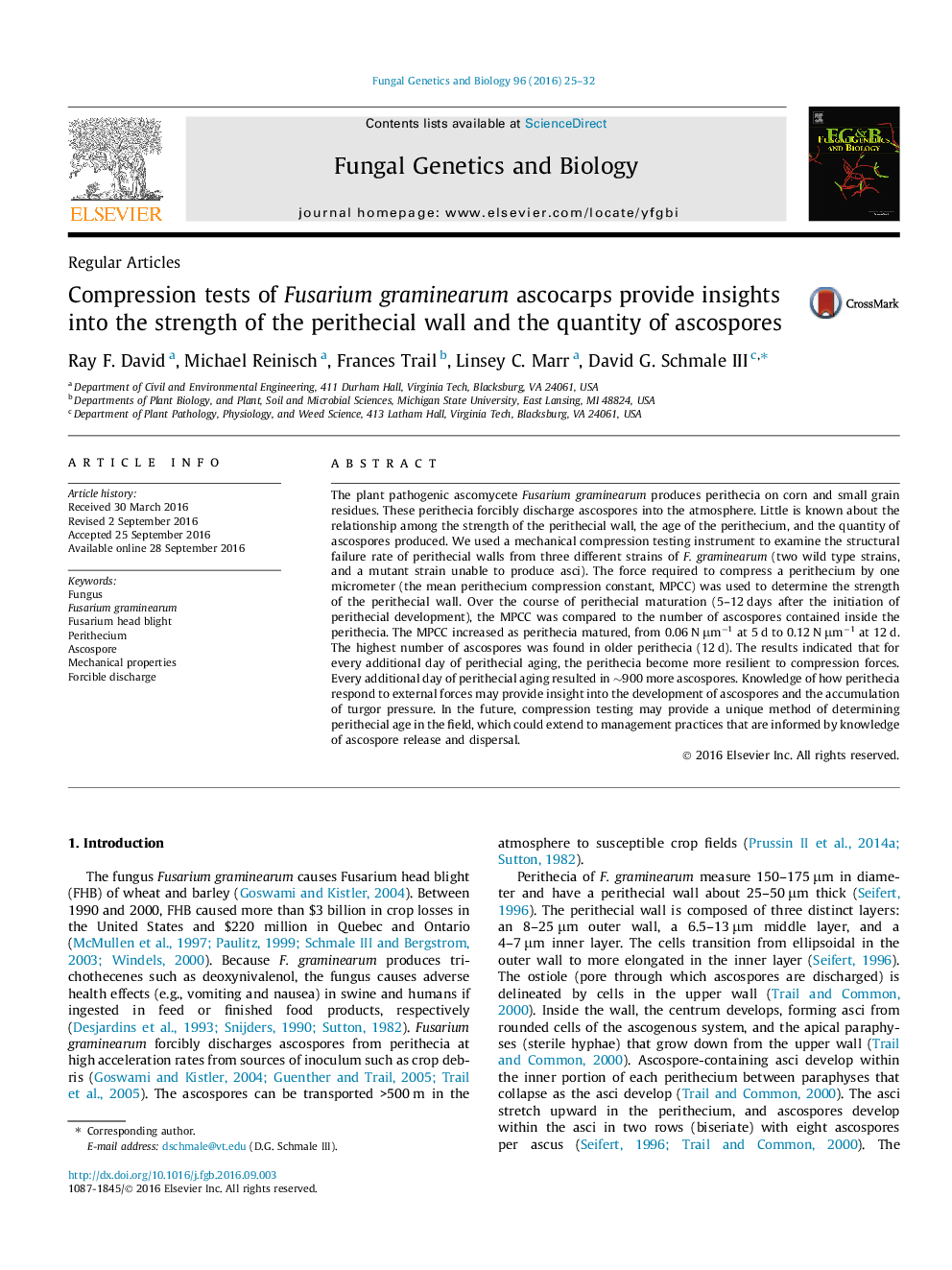 Compression tests of Fusarium graminearum ascocarps provide insights into the strength of the perithecial wall and the quantity of ascospores