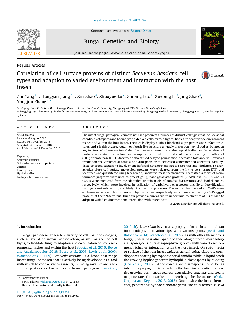 Regular ArticlesCorrelation of cell surface proteins of distinct Beauveria bassiana cell types and adaption to varied environment and interaction with the host insect