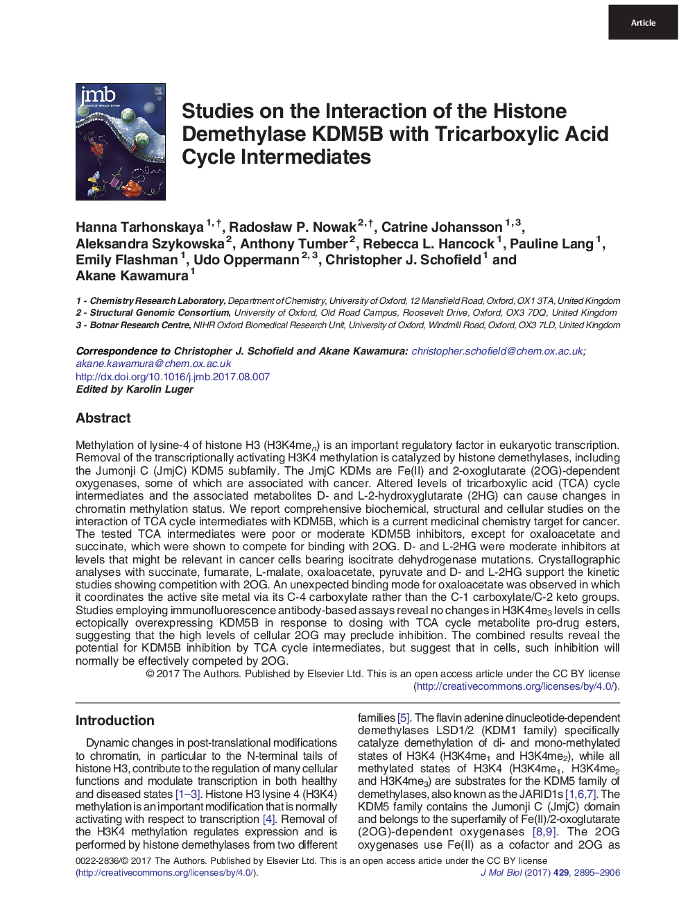 Studies on the Interaction of the Histone Demethylase KDM5B with Tricarboxylic Acid Cycle Intermediates