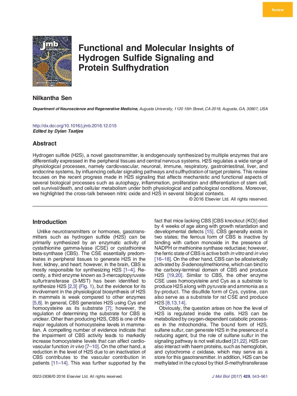 ReviewFunctional and Molecular Insights of Hydrogen Sulfide Signaling and Protein Sulfhydration