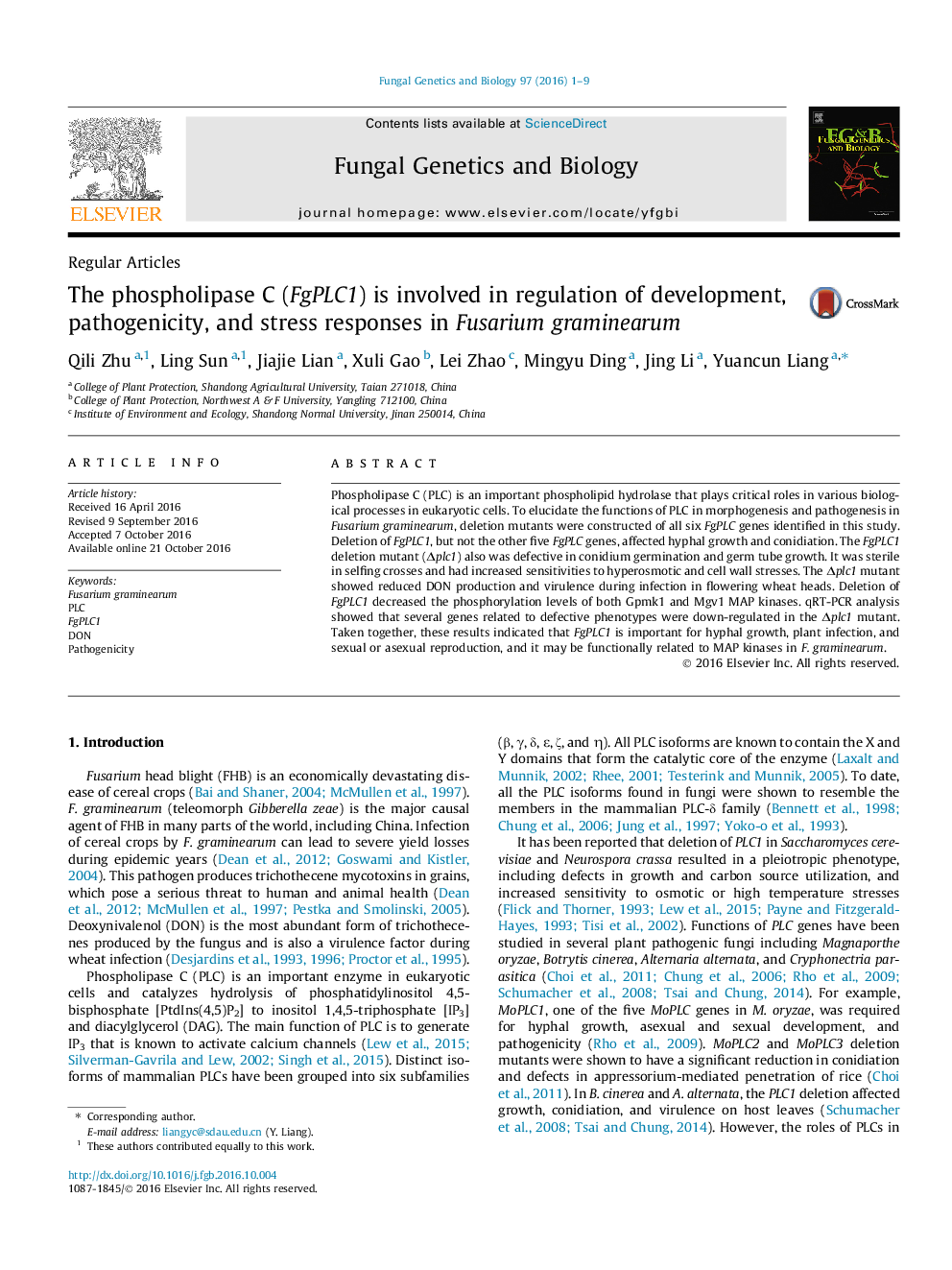 عکس صفحه اول مقاله: Regular ArticlesThe phospholipase C (FgPLC1) is involved in regulation of development, pathogenicity, and stress responses in Fusarium graminearum Regular ArticlesThe phospholipase C (FgPLC1) is involved in regulation of development, pathogenicity, and stress responses in Fusarium graminearum