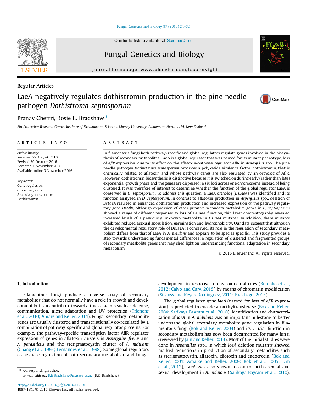 Regular ArticlesLaeA negatively regulates dothistromin production in the pine needle pathogen Dothistroma septosporum