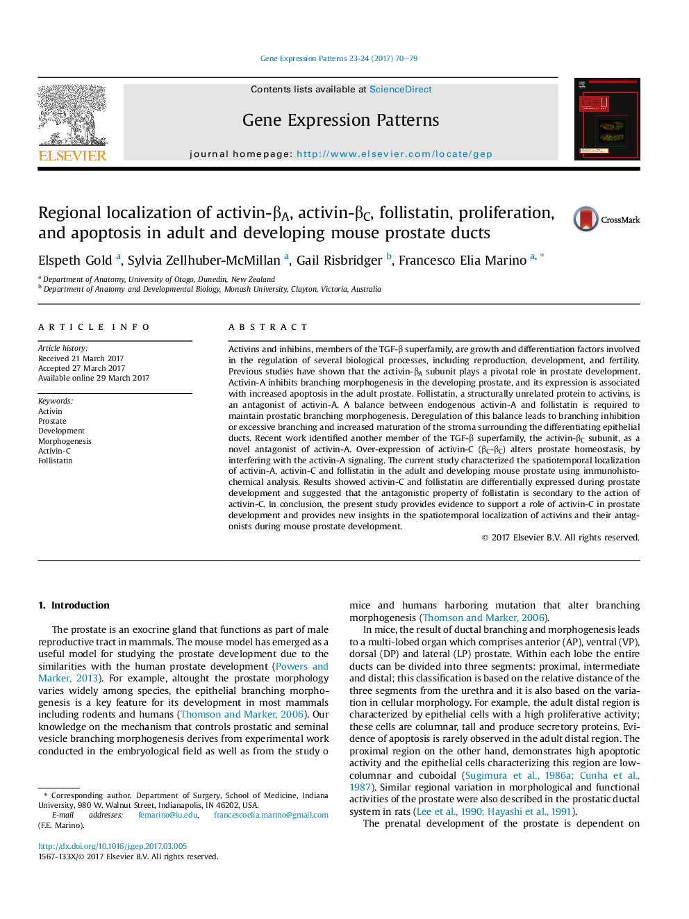 Regional localization of activin-Î²A, activin-Î²C, follistatin, proliferation, and apoptosis in adult and developing mouse prostate ducts