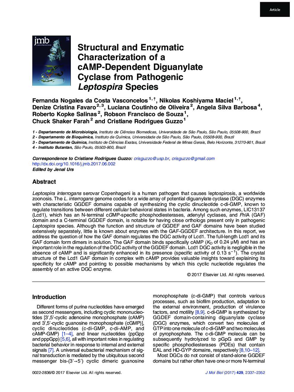 Structural and Enzymatic Characterization of a cAMP-Dependent Diguanylate Cyclase from Pathogenic Leptospira Species